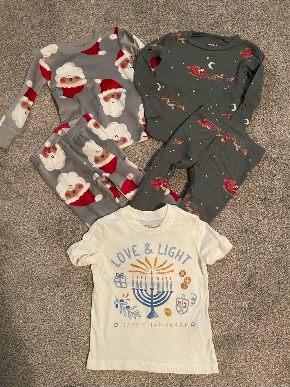 Carter's Gray Santa & Reindeer Baby Pajama Set with White Hanukkah Tee